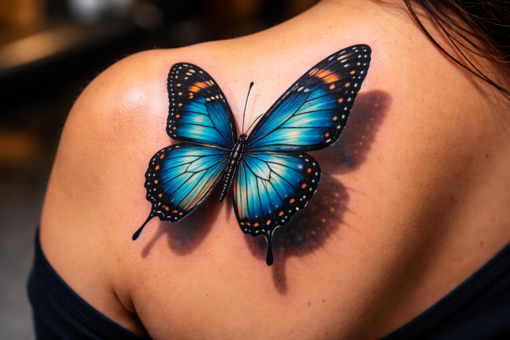 Realistic 3D blue morpho tattoo