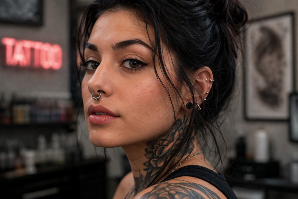 Tattooed woman in studio portrait