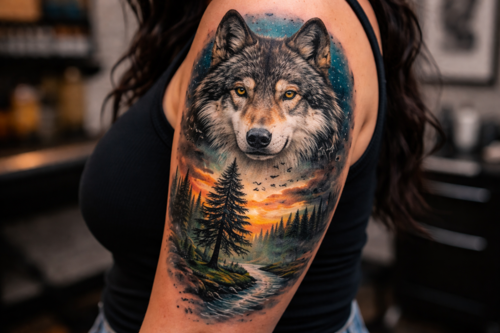 Wolf and nature tattoo detail