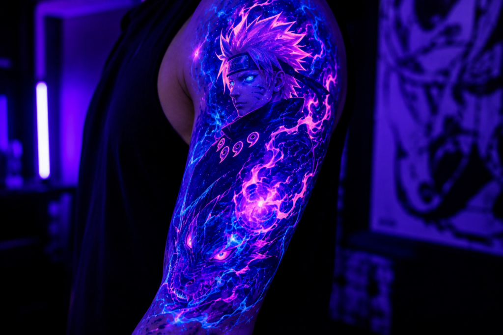 Anime inspired UV blacklight tattoo with glowing neon purple and blue ink