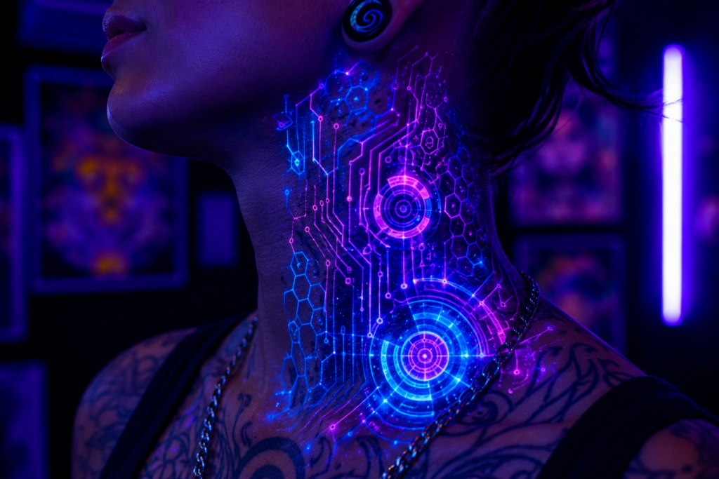 Close up realistic UV blacklight neck tattoo glowing under ultraviolet light
