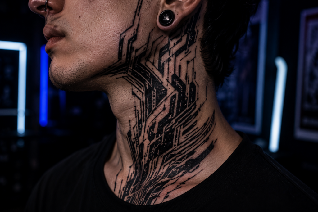 Close up realistic cybersigilism neck tattoo with sharp black cyberpunk tattoo patterns