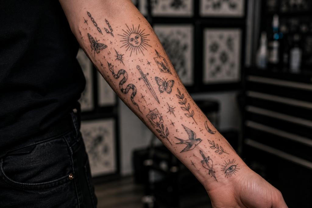 Close up realistic patchwork forearm tattoos with minimalist black ink designs and fine line artwork