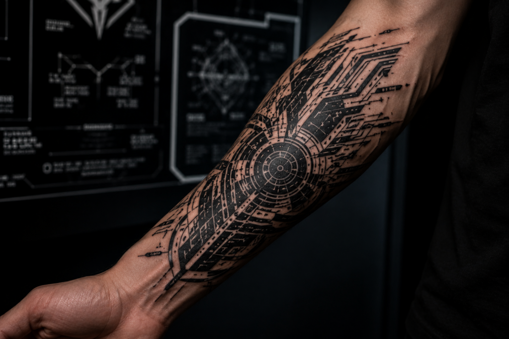 Detailed futuristic cybersigilism tattoo on forearm with bold blackwork and cyberpunk inspired design