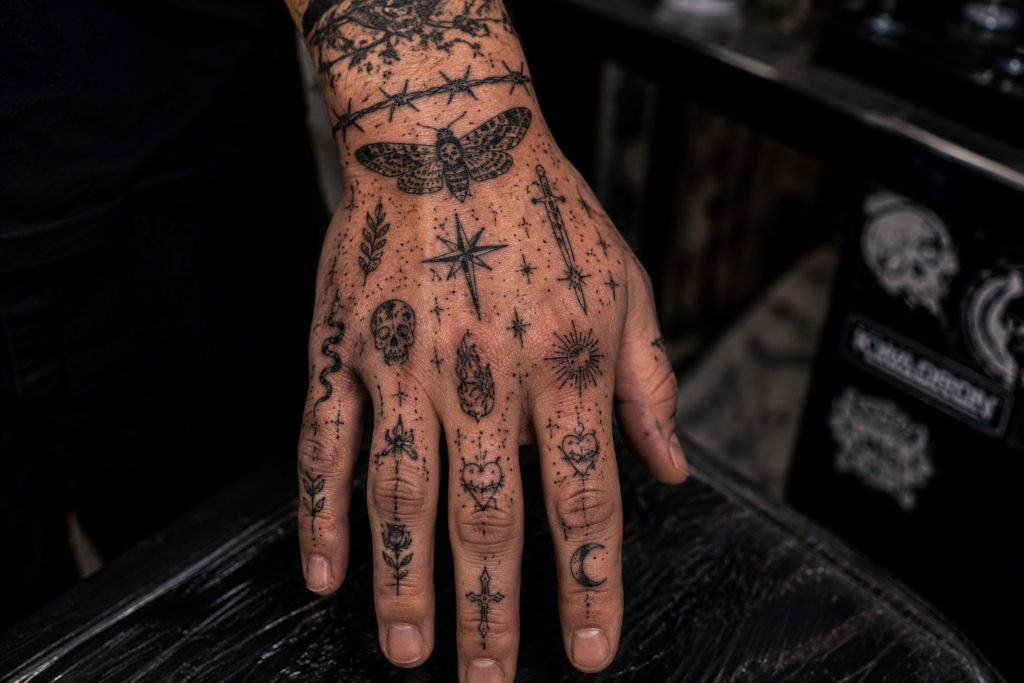 Detailed realistic patchwork hand tattoos with modern minimalist symbols and black ink tattoo designs