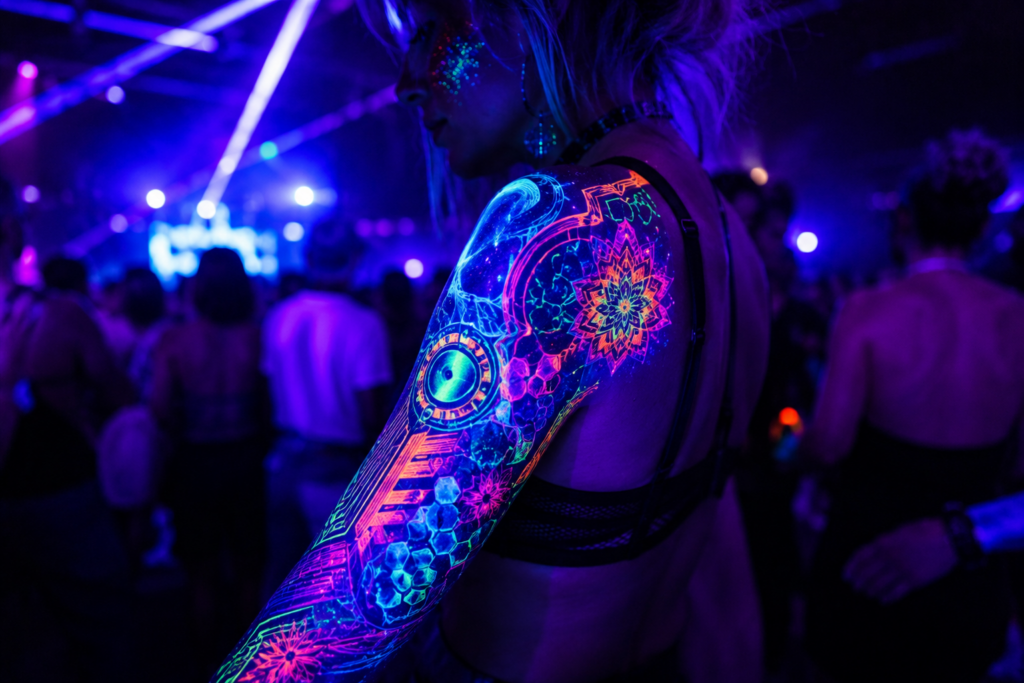 Festival inspired UV tattoo glowing brightly under blacklight at a nightclub