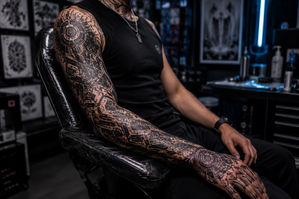Full sleeve cybersigilism tattoo featuring futuristic black tribal patterns in realistic tattoo studio setting