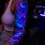 Realistic UV blacklight tattoo glowing with neon blue and purple ink
