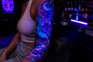 Realistic UV blacklight tattoo glowing with neon blue and purple ink