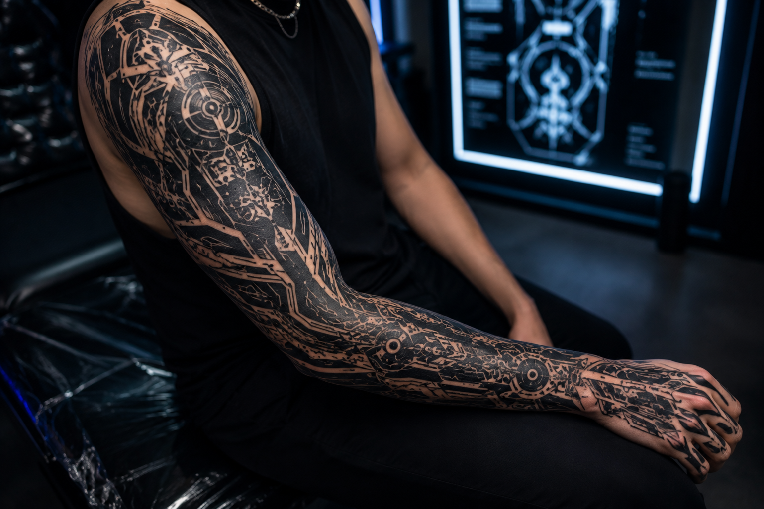 Realistic cybersigilism tattoo sleeve with futuristic blackwork patterns and cyberpunk inspired tattoo details