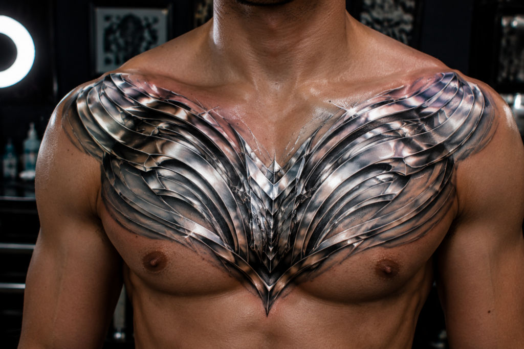 Chrome style chest tattoo with metallic 3D illusion and futuristic reflective shading