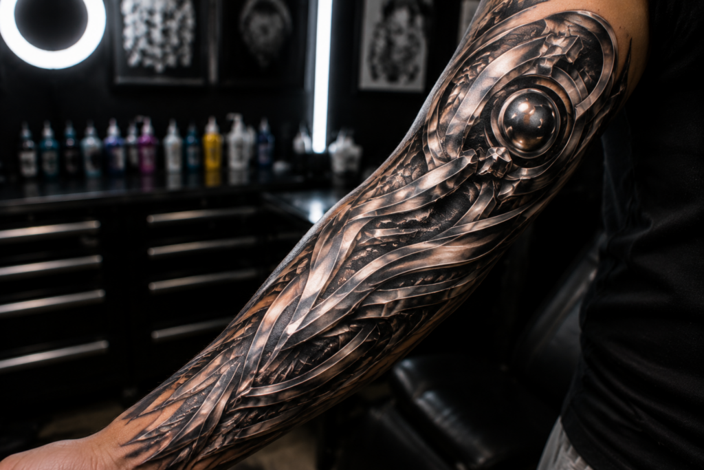 Close-up chrome effect tattoo sleeve with metallic reflective shading and futuristic style design