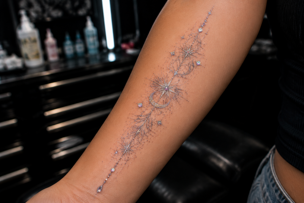 Close-up glitter tattoo on arm with silver shimmer and tiny gemstone accents in studio setting
