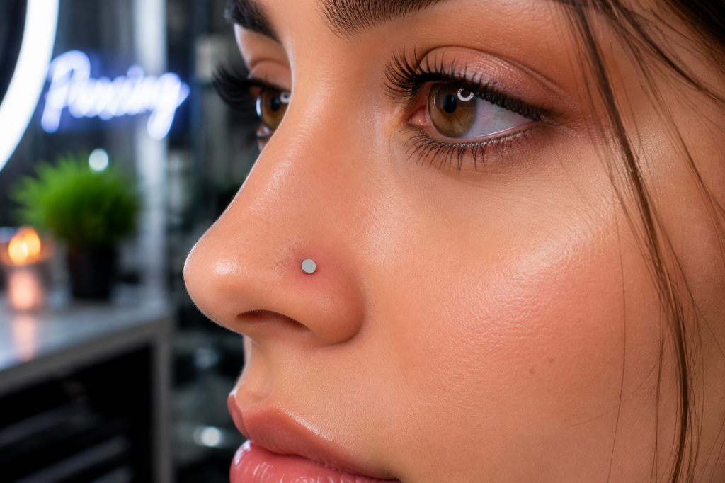 Close-up minimalist surgical style nose piercing with flat titanium stud seamless design