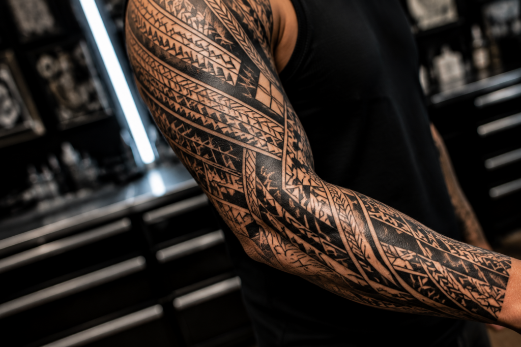 Close-up neo-tribal tattoo sleeve with blackwork and geometric patterns on arm in tattoo studio