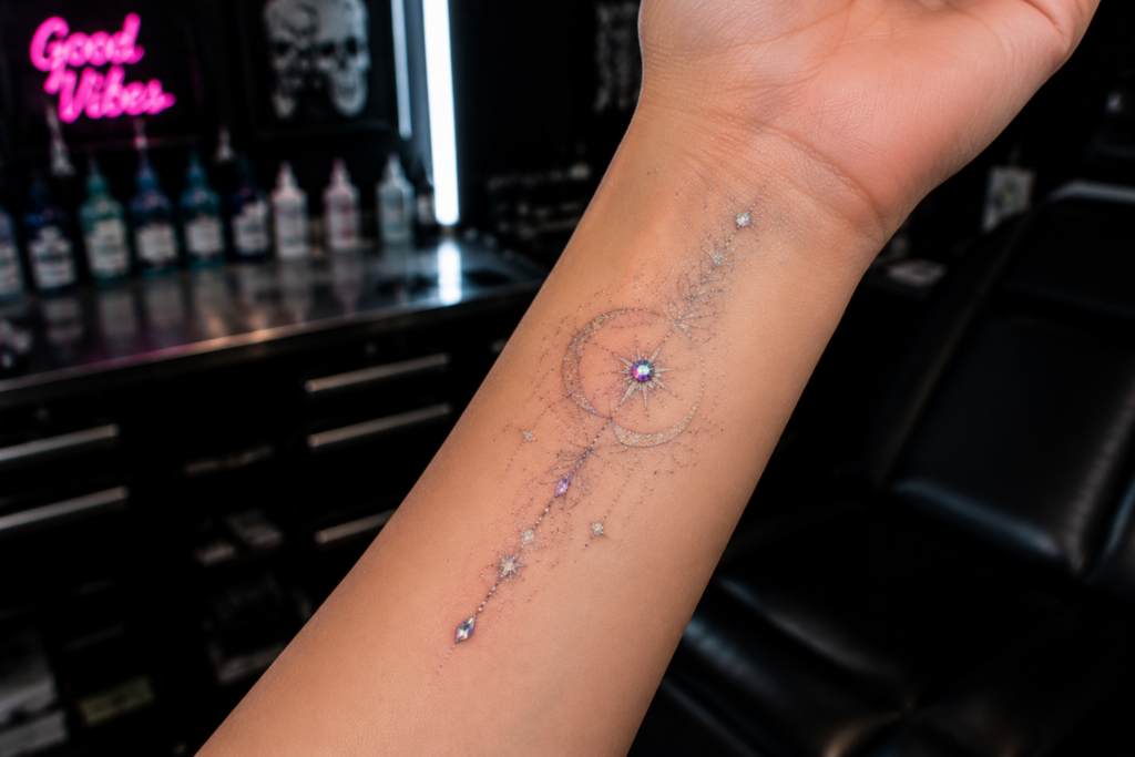 Close-up of wrist glitter tattoo with sparkling inks and gemstone highlights