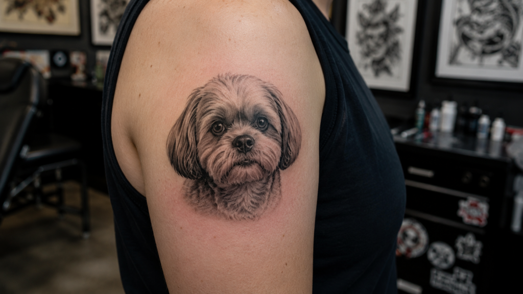 Close up realistic microrealism pet portrait tattoo with fine shading and soft detail on upper arm