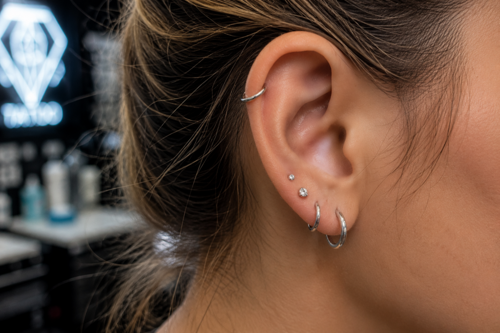 Close up realistic stacked lobe piercings with minimalist silver studs and small hoops
