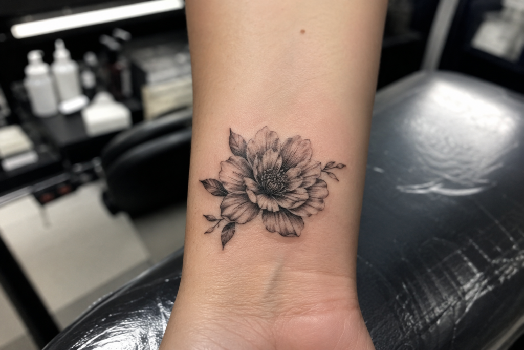 Detailed microrealism flower tattoo on wrist with realistic petals and delicate black and gray shading