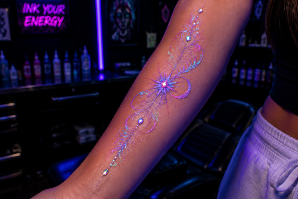 Festival-ready glitter tattoo with UV-reactive inks and rhinestone accents on arm