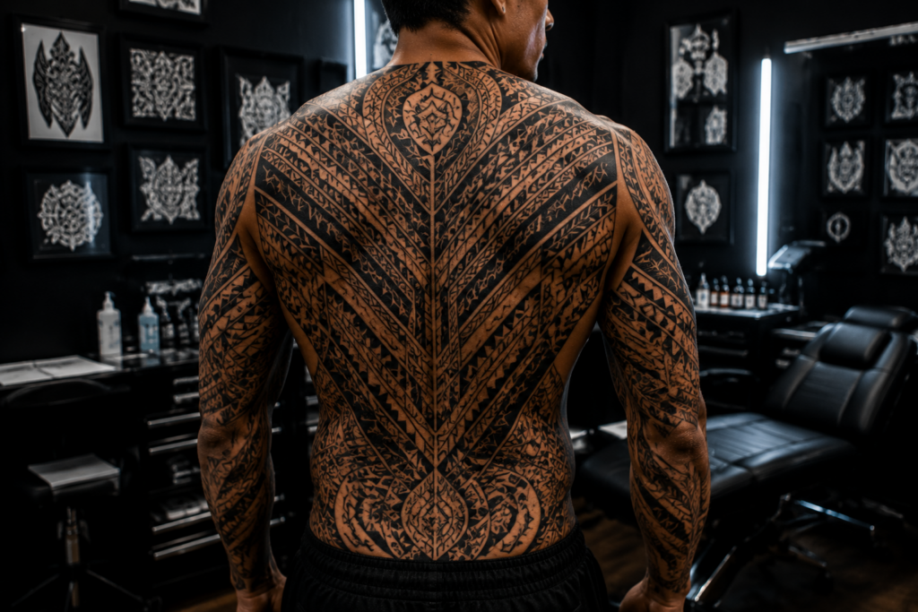 Full back neo-tribal tattoo with traditional and geometric elements in a professional studio