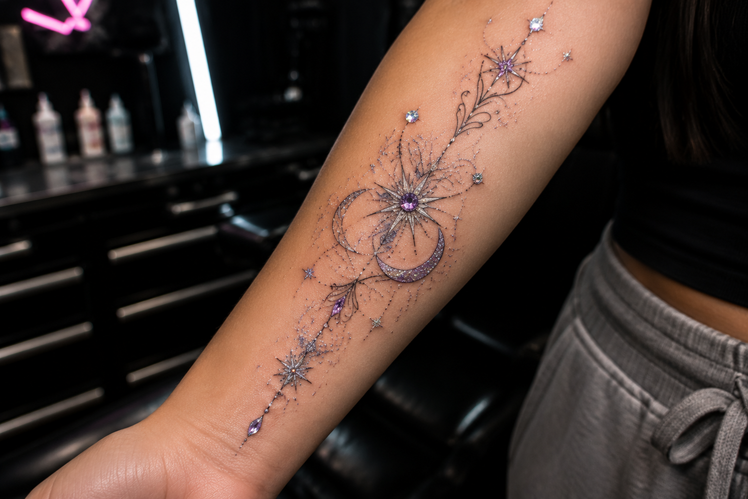 Glitter and gemstone tattoo on forearm with sparkly inks and rhinestones in professional tattoo studio