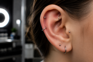 Minimal surgical style piercing with seamless titanium jewelry in ear studio close-up