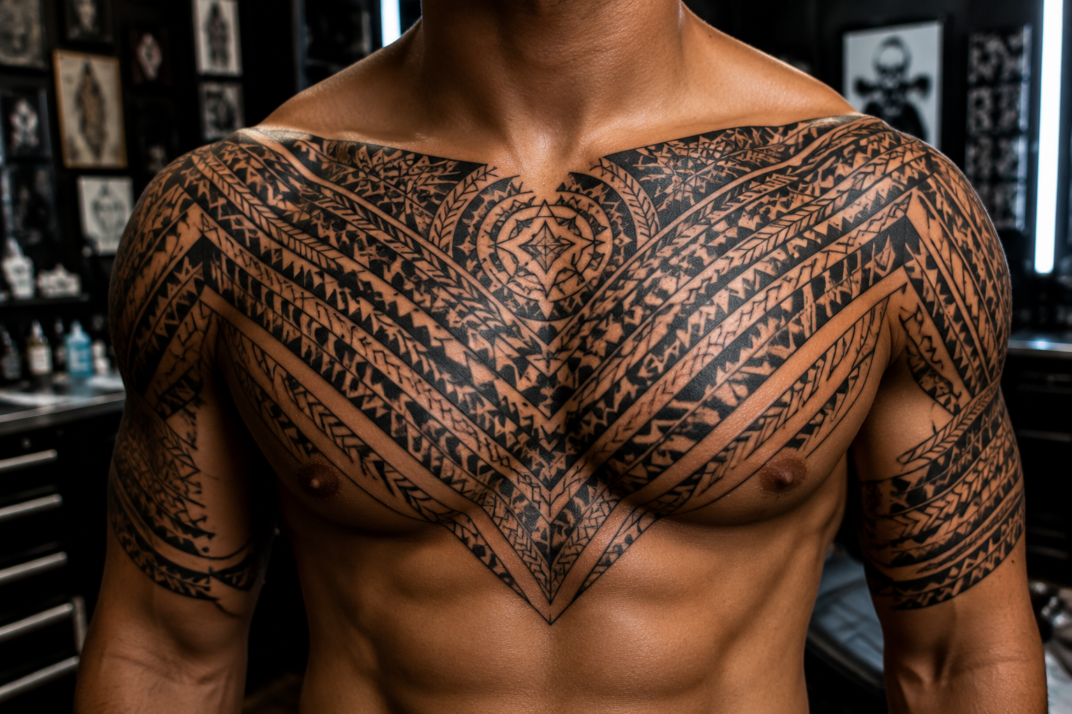 Neo-tribal chest tattoo combining Polynesian patterns with modern geometric shapes