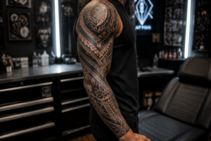 Neo-tribal tattoo sleeve blending traditional tribal patterns