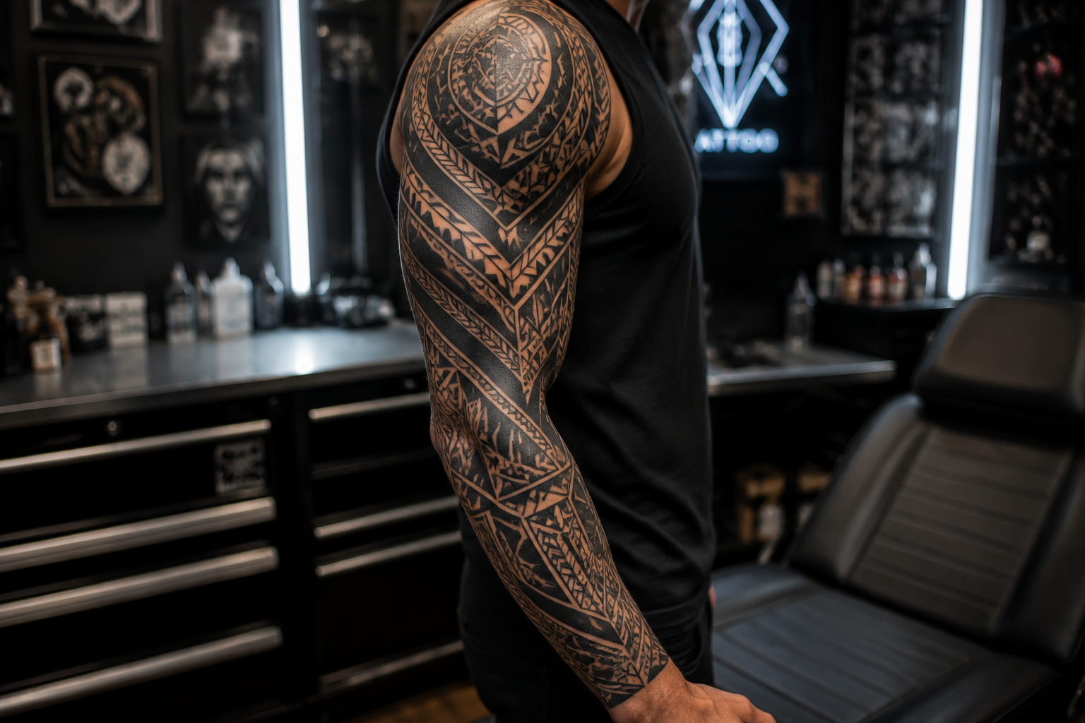 Neo-tribal tattoo sleeve blending traditional tribal patterns