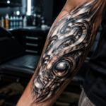 Realistic chrome ink tattoo with metallic reflective 3D effect on arm