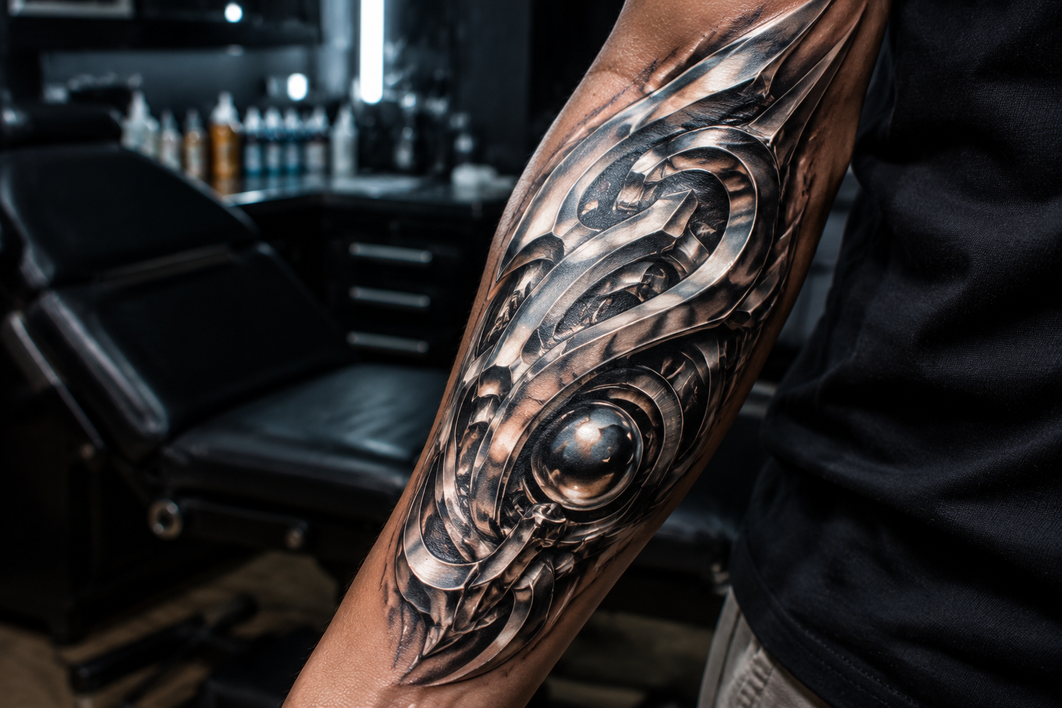 Realistic chrome ink tattoo with metallic reflective 3D effect on arm