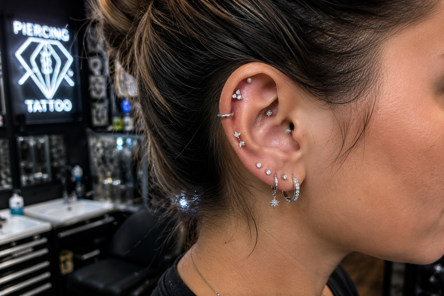 Realistic curated ear piercings with stacked lobe jewelry, helix hoops, and elegant silver studs