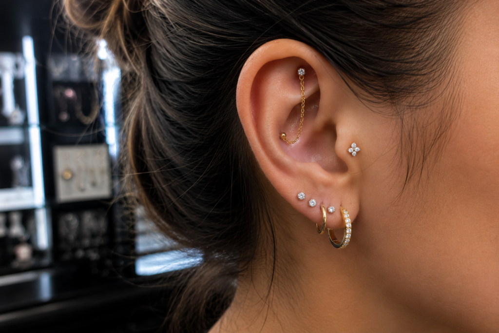 Realistic hidden helix piercing with delicate chain jewelry and polished curated ear styling
