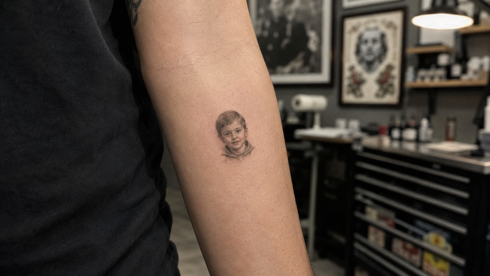 Realistic microrealism tattoo on forearm showing a tiny detailed portrait with fine shading in a professional tattoo studio