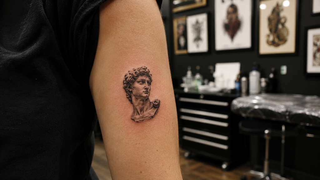 Small realistic microrealism statue tattoo on arm with detailed black and gray shading