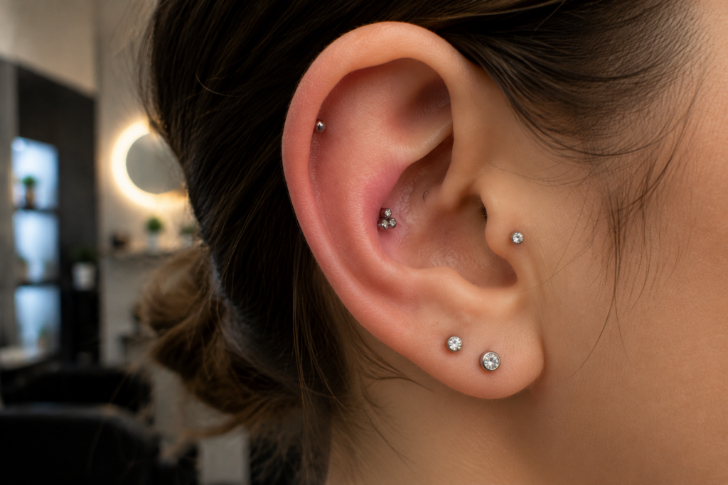 Surgical style ear piercing with seamless flat back titanium jewelry curated ear aesthetic