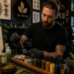 Artist preparing eco-friendly tattoo inks in professional tattoo studio