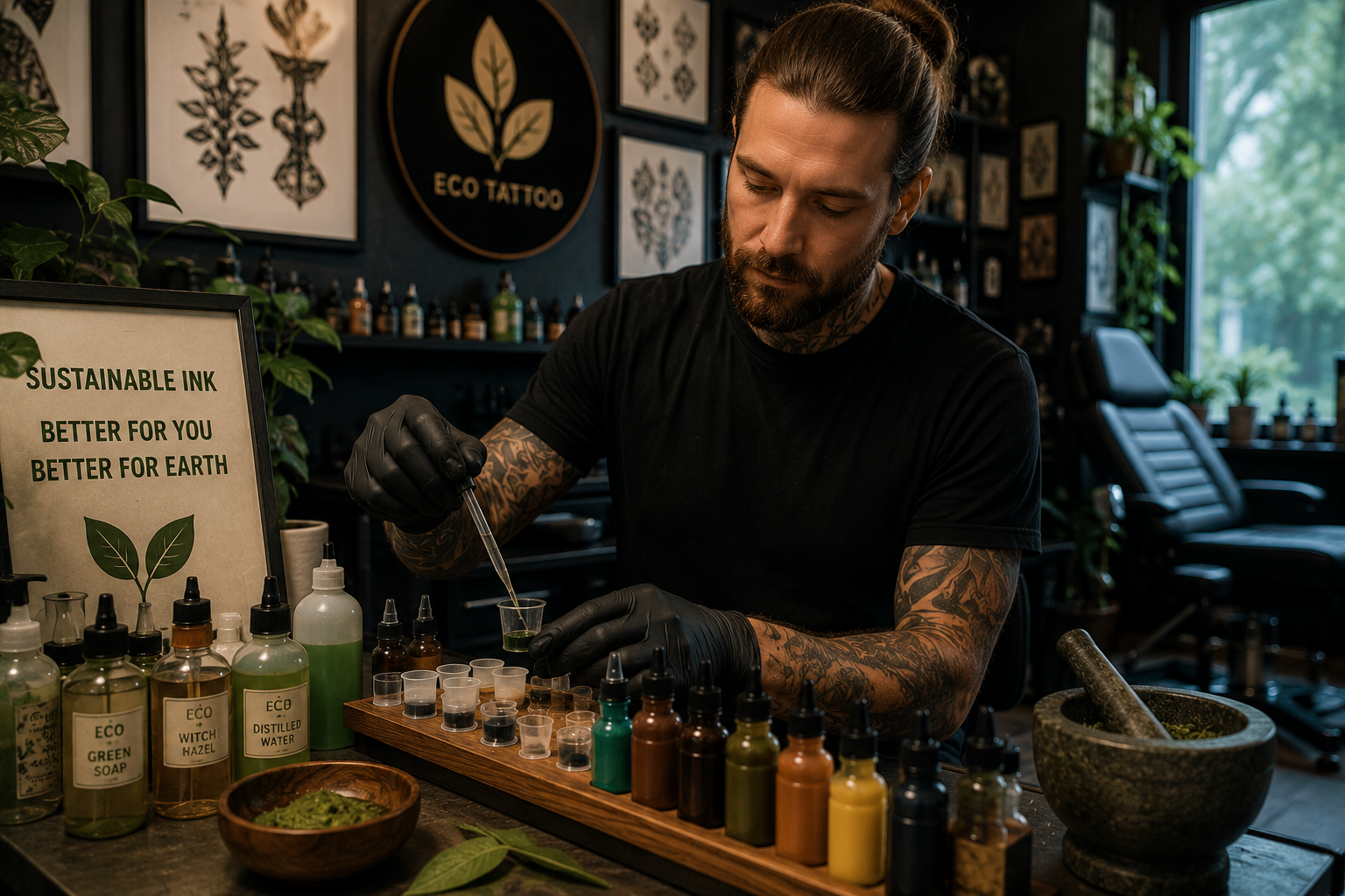 Artist preparing eco-friendly tattoo inks in professional tattoo studio