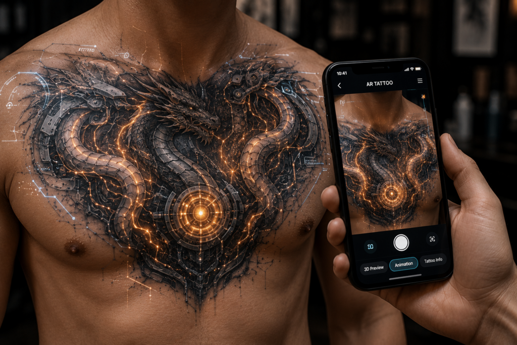 Chest AR tattoo responding to AR app with glowing details