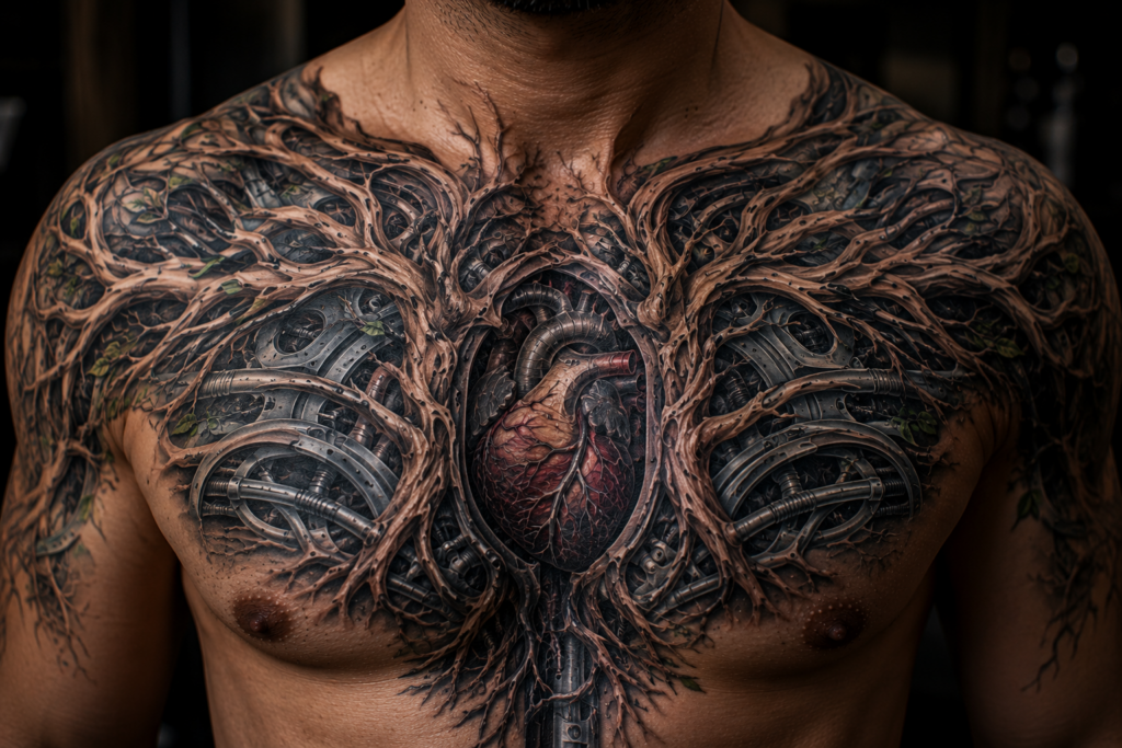 Chest tattoo blending natural textures with futuristic biomechanical elements