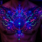 Chest tattoo glowing in blacklight with intricate neon designs