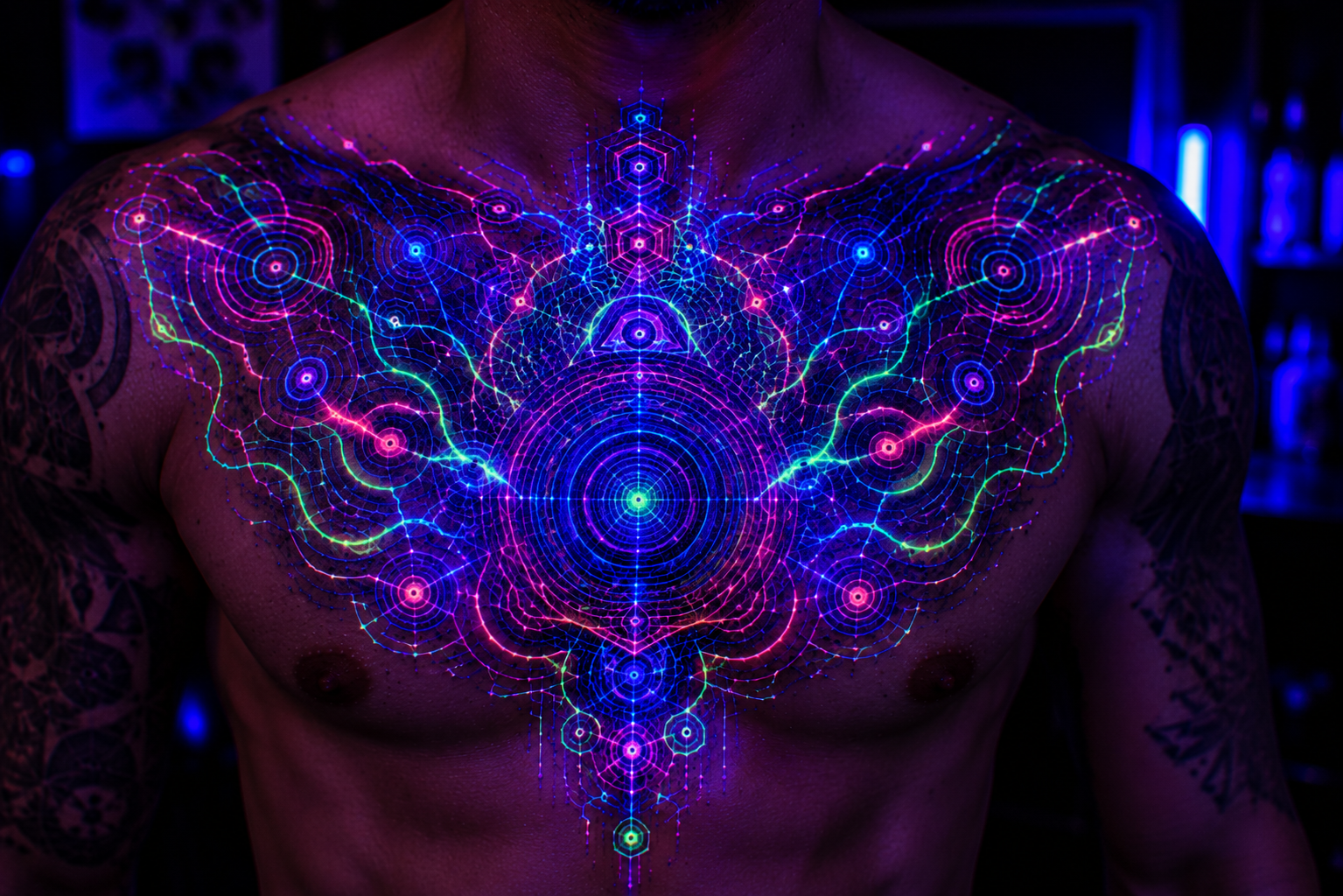 Chest tattoo glowing in blacklight with intricate neon designs