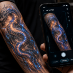 Close-up AR tattoo sleeve with animated digital patterns interacting