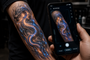 Close-up AR tattoo sleeve with animated digital patterns interacting