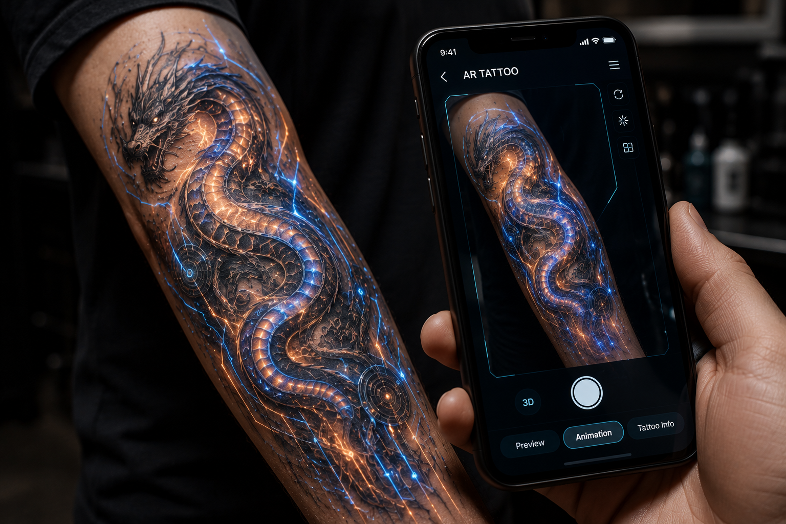 Close-up AR tattoo sleeve with animated digital patterns interacting