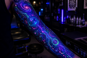 Close-up interactive glow tattoo sleeve on arm with UV-reactive inks and neon patterns