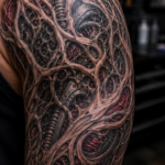 Close-up of upper arm showing detailed biomechanical roots and organic patterns