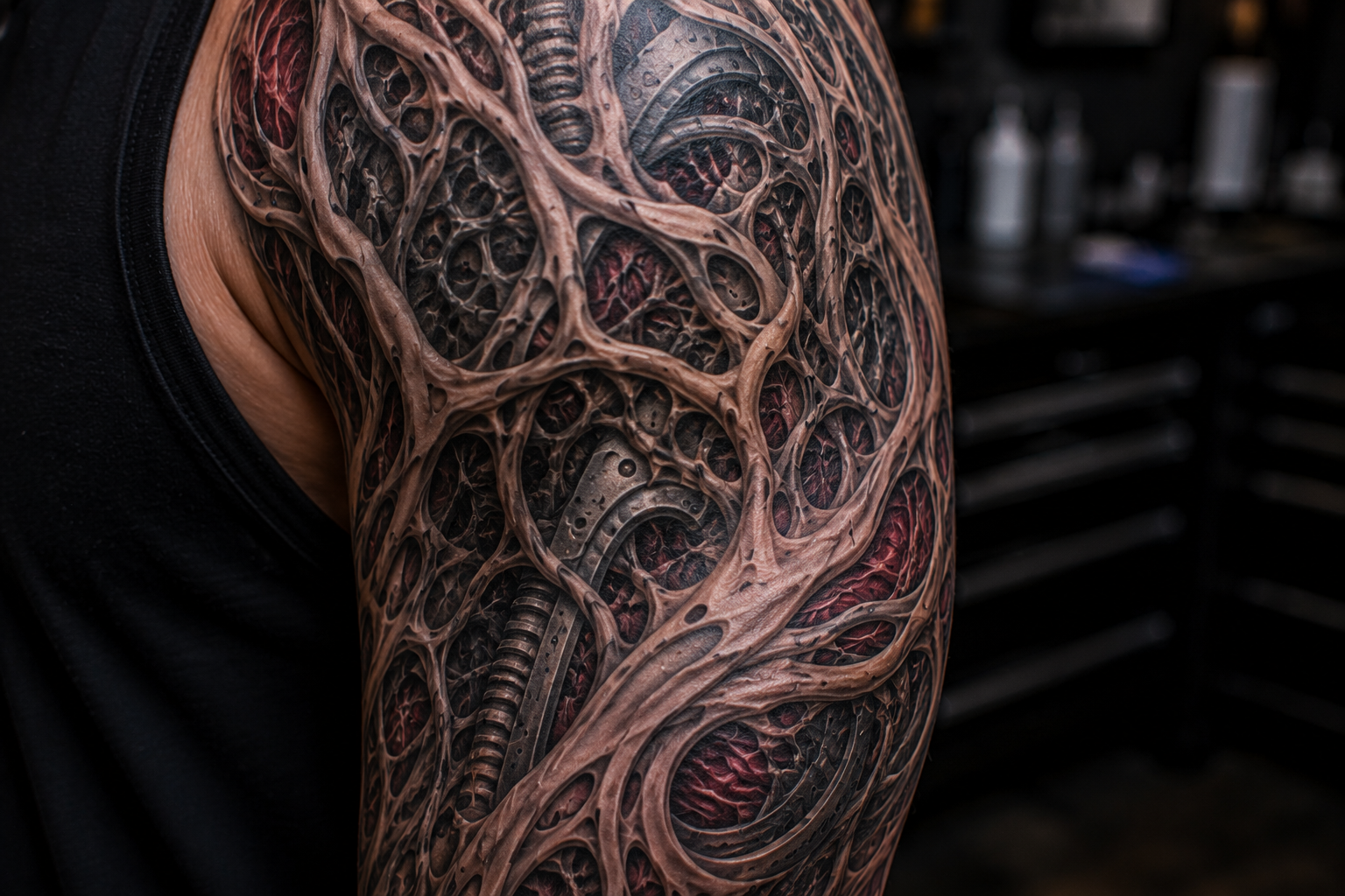 Close-up of upper arm showing detailed biomechanical roots and organic patterns