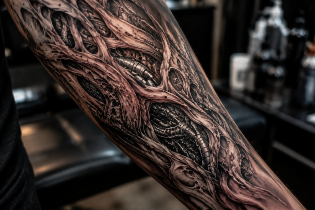 Close up realistic bio-organic tattoo on arm featuring organic textures